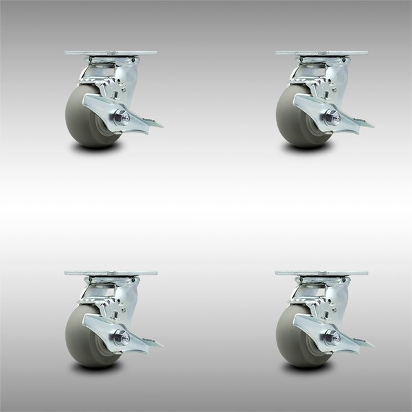 4 Inch SS Thermoplastic Rubber Swivel Caster Set with Ball Bearings and Brakes